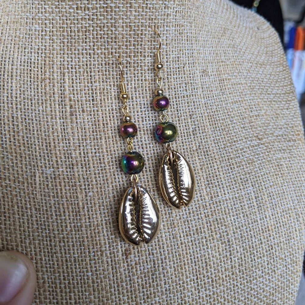Metallic Puca Shell Earrings, Rainbow Hemalyke; Hypoallergenic Hooks; Mermaid